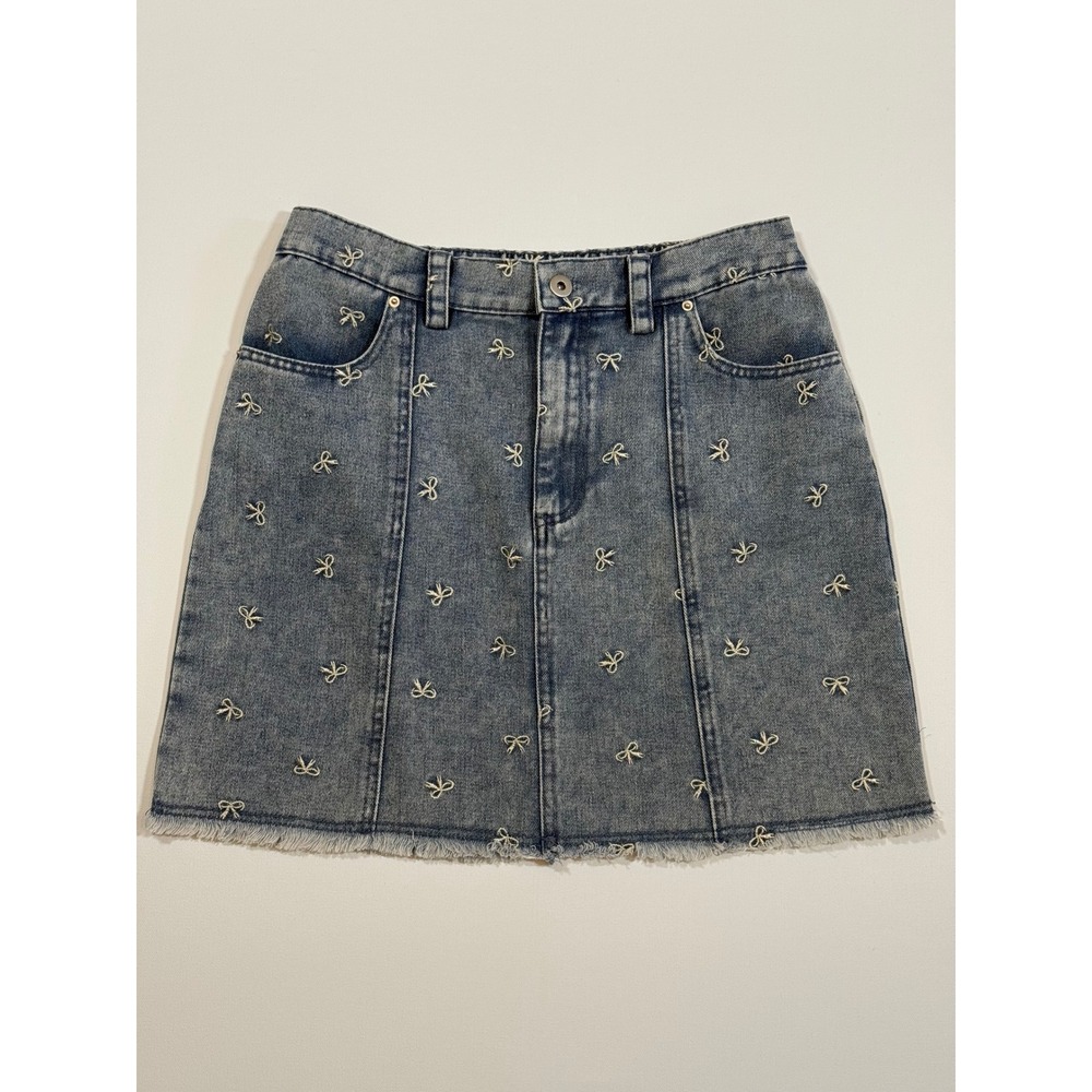 Blue Denim Bow Embroidered Mini Skirt Frayed Hem Womens Size M